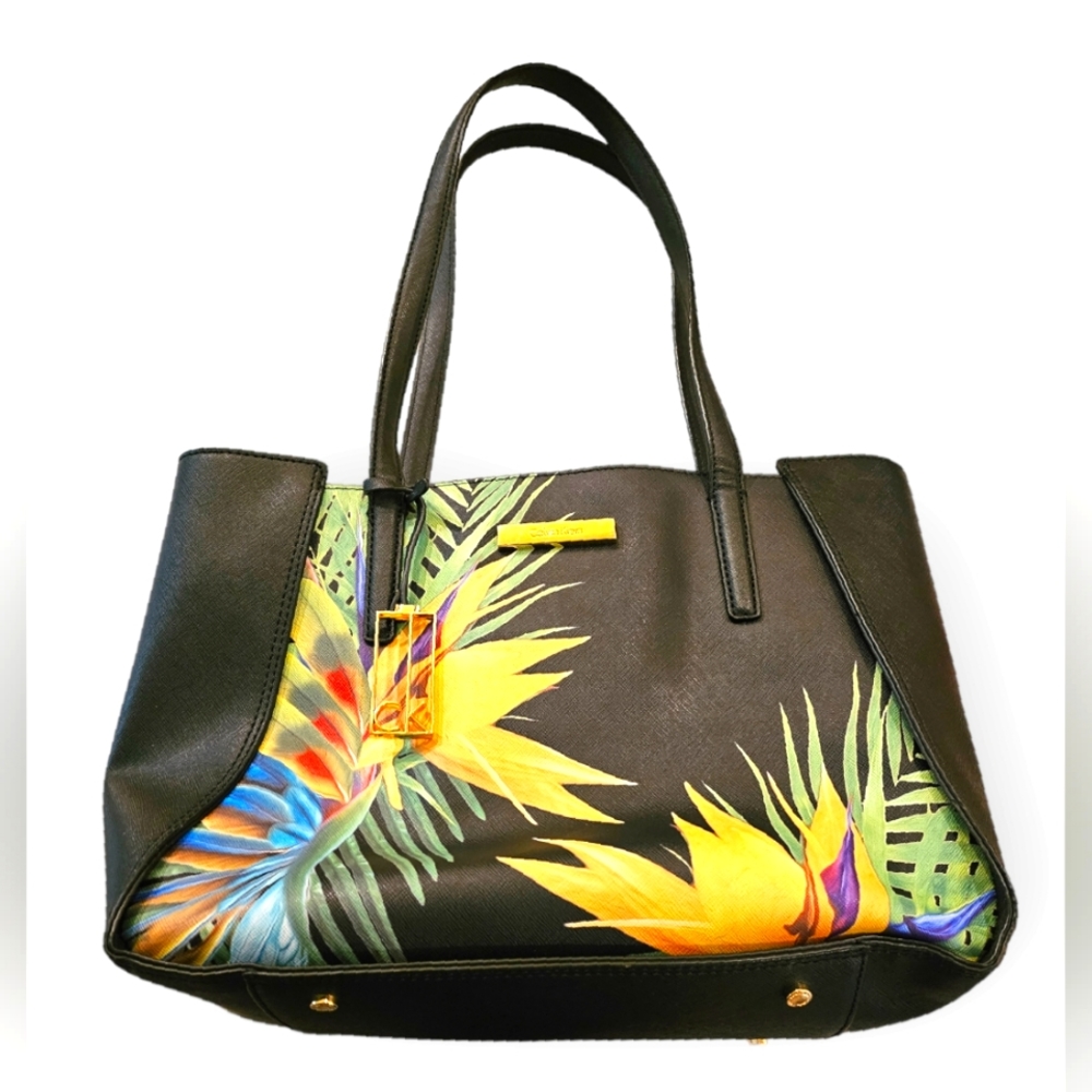 Calvin Klein Marissa Saffino Leather Bag Black Palm Print Tote